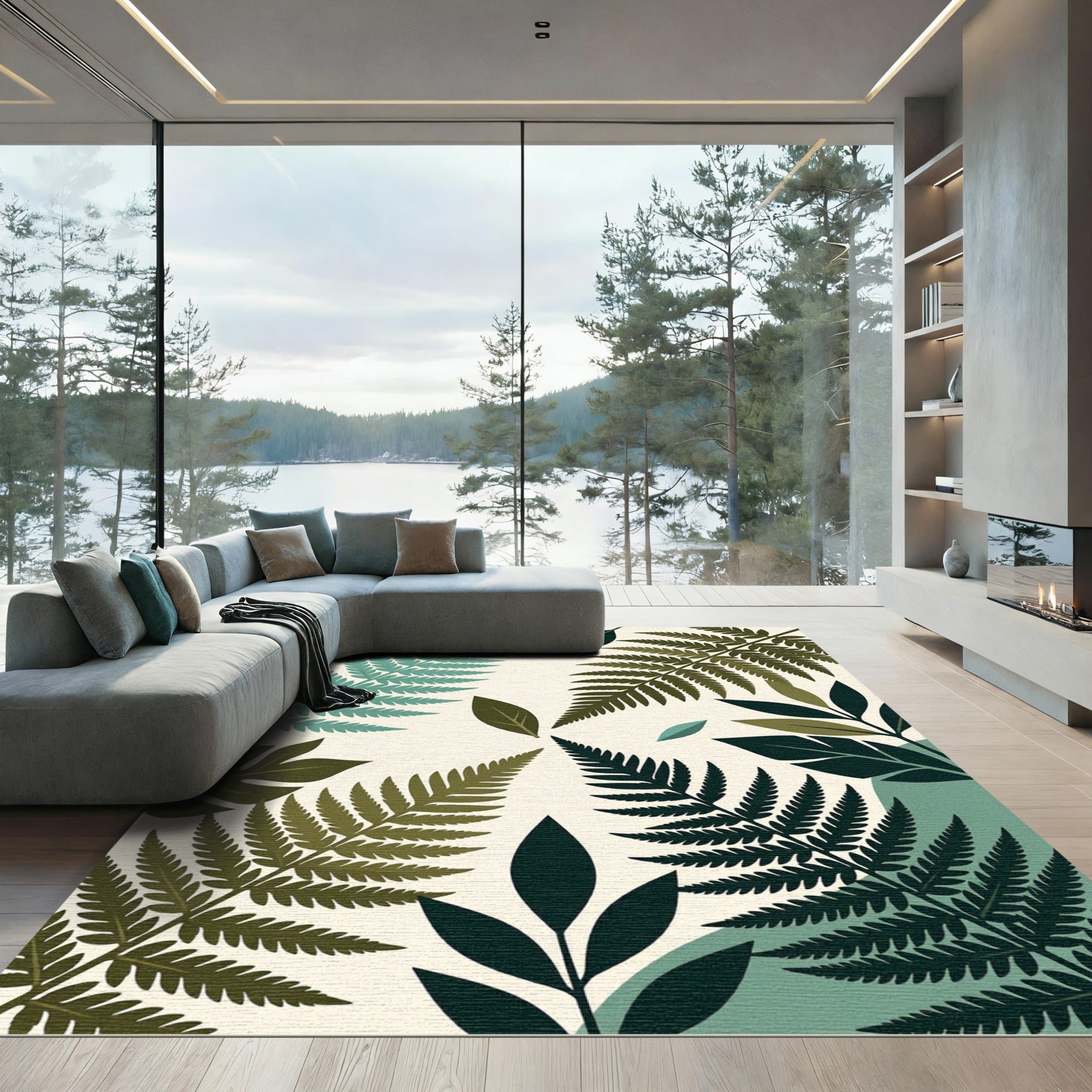 Deep Forest Fern Leaf Arrangement Rug