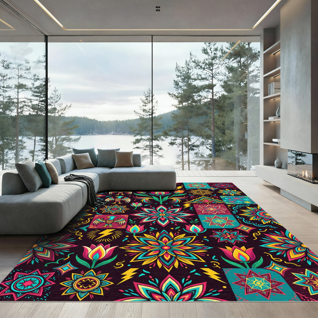 Vibrant Folk Art Floral Eagle Rug