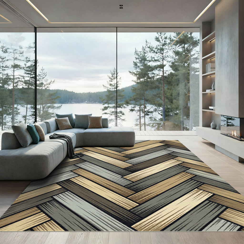 Earthy Herringbone Planks Neutral Tones Rug