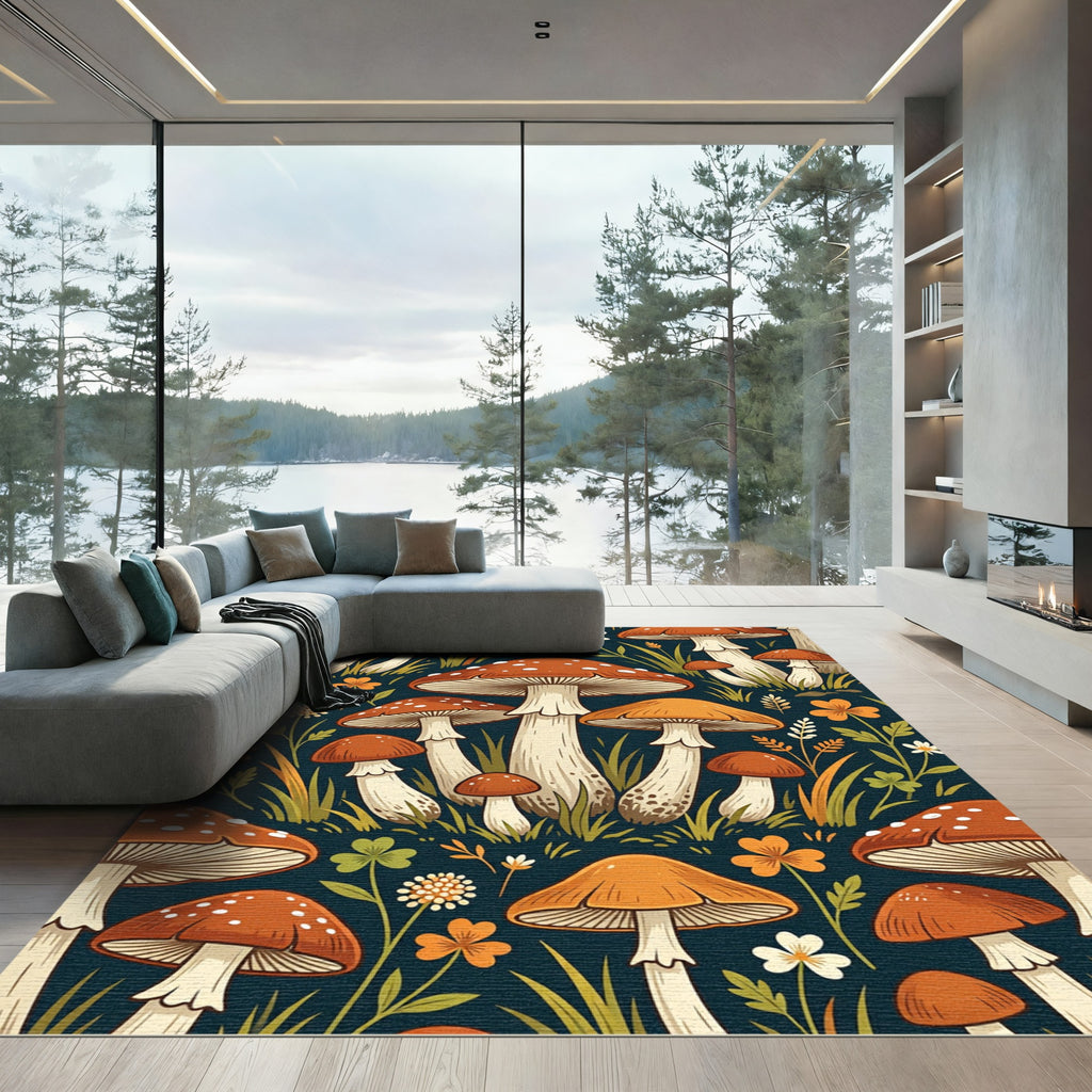 Whimsical Botanical Mushroom Forest Earthy Tones Rug