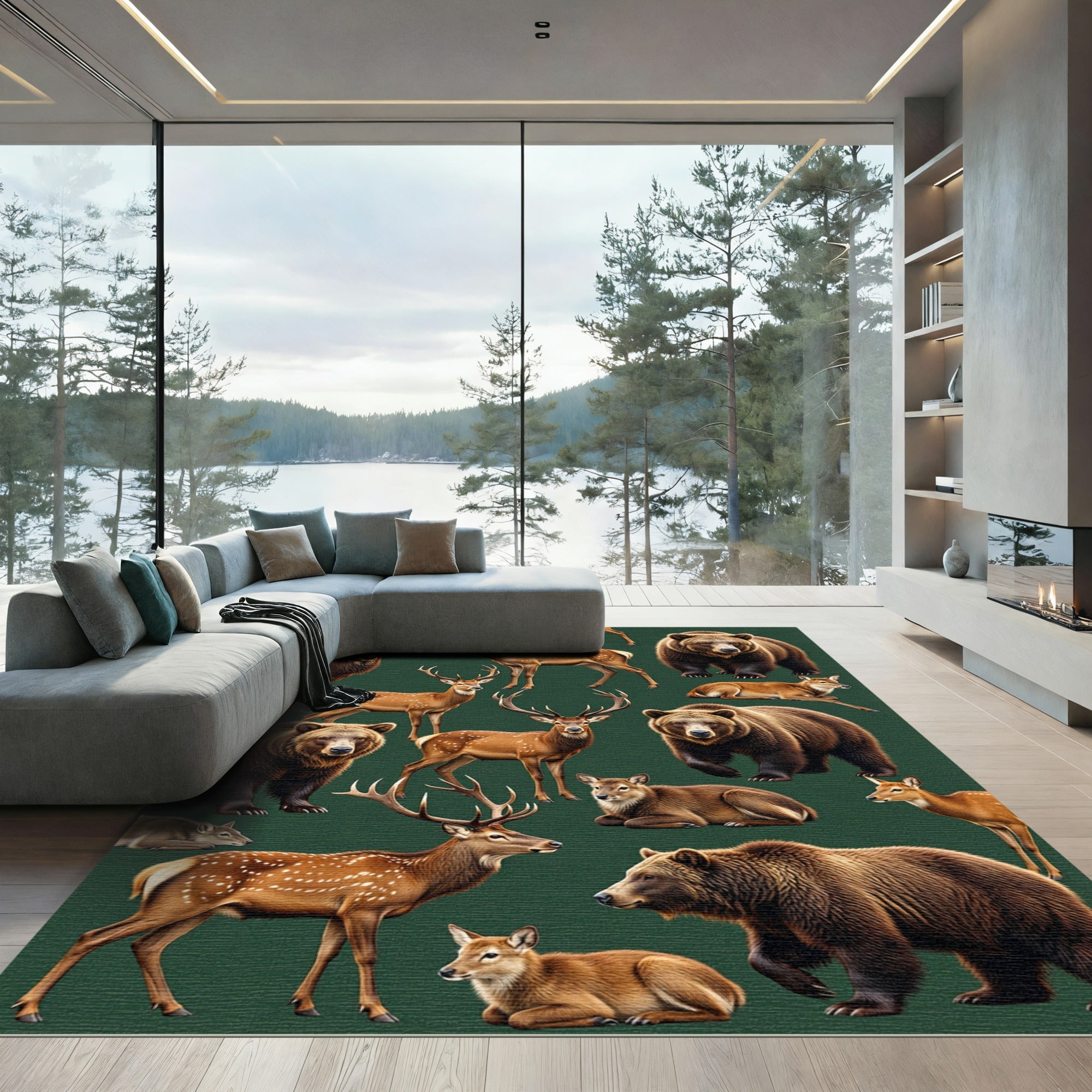 Arboreal Forest Bear and Deer Composition Rug