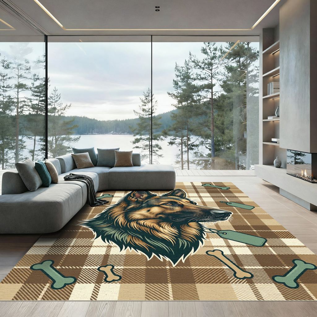 Classic Plaid German Shepherd Bone Illustration Rug