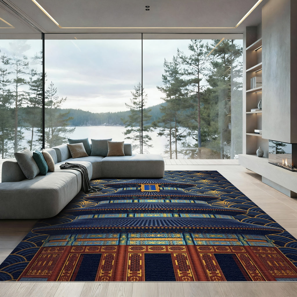 Blue Gold Pagoda Asian Wave Rug