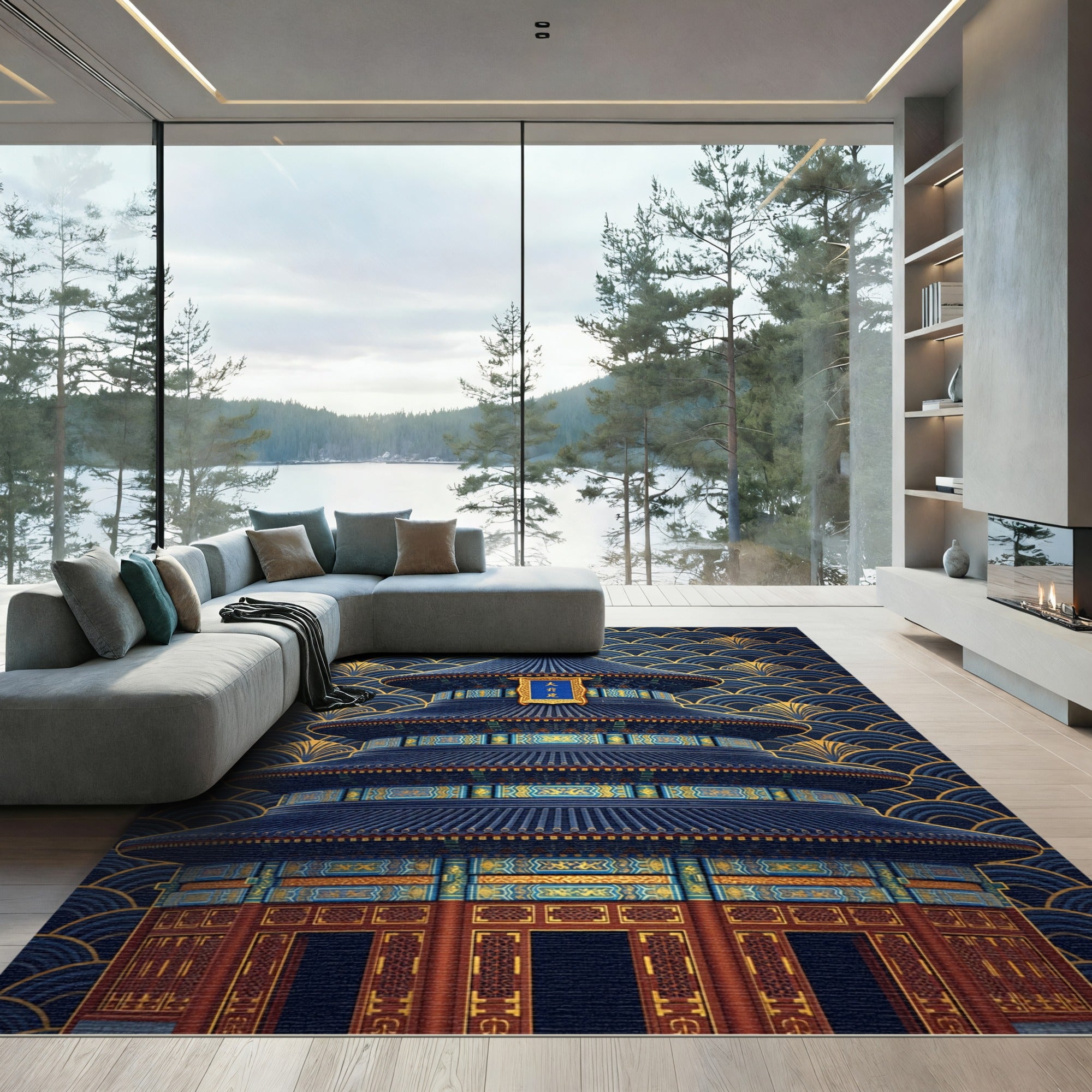 Blue Gold Pagoda Asian Wave Rug