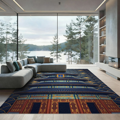 Blue Gold Pagoda Asian Wave Rug