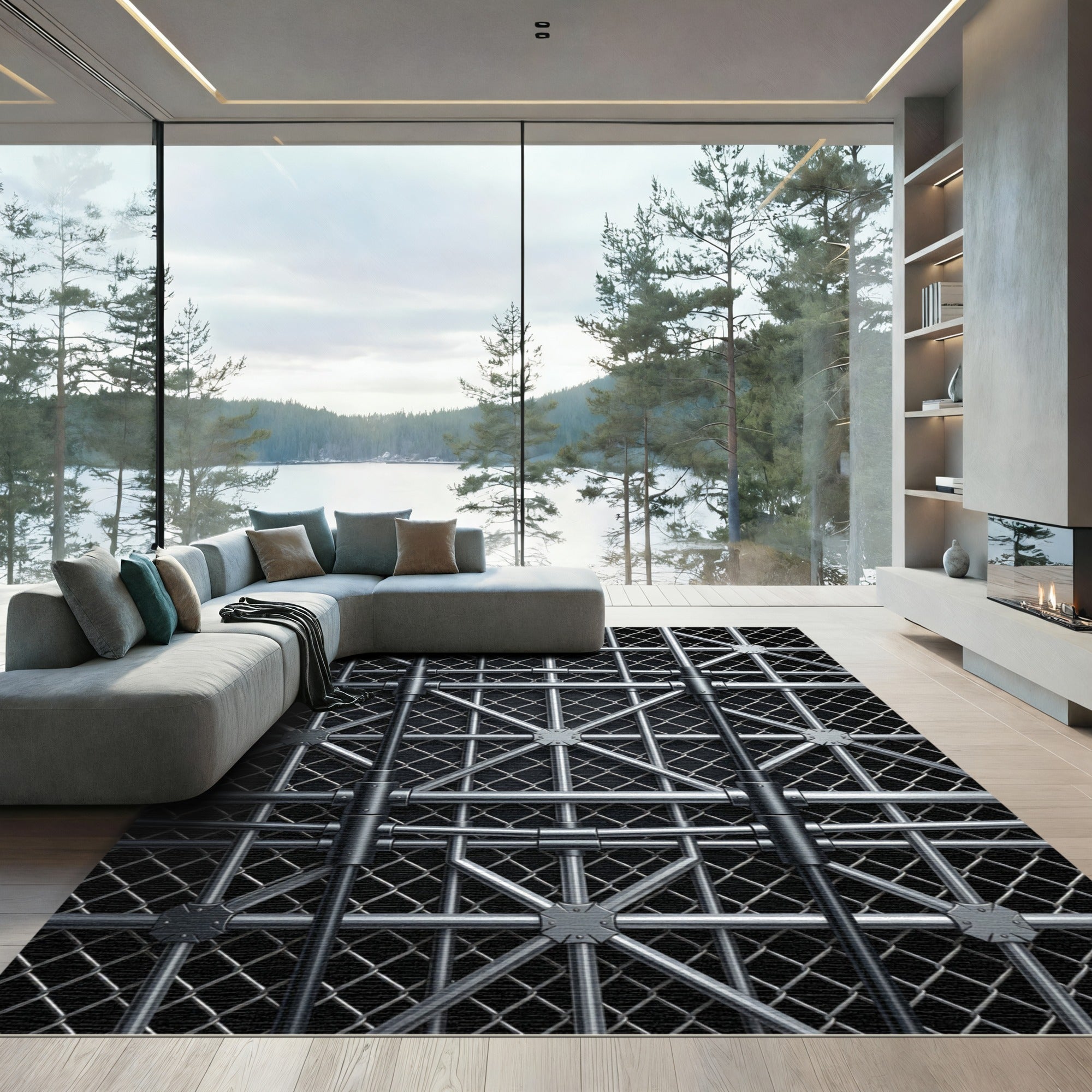 Industrial Silver Metallic Geometric Grid Rug