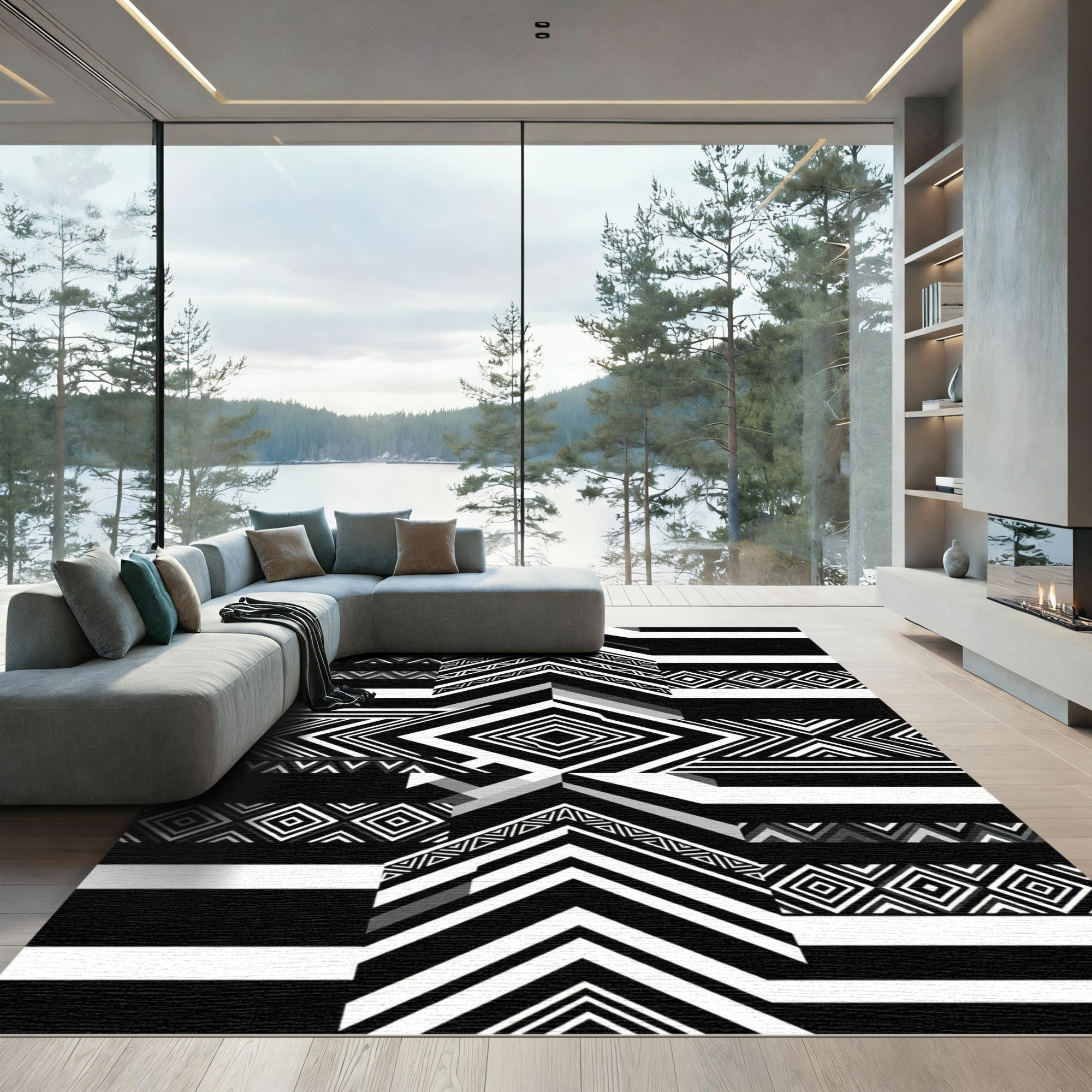 Monochrome Abstract Geometric Diamond Chevron Rug