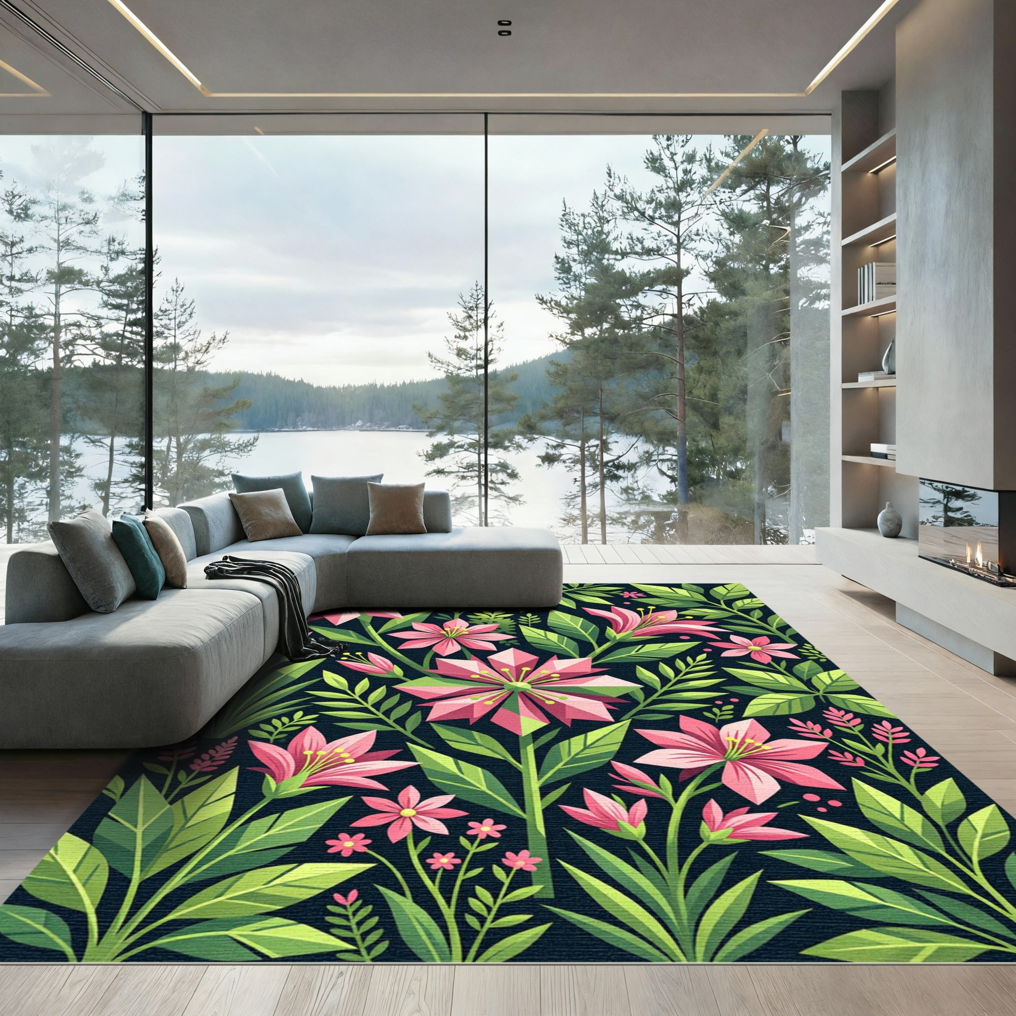 Vibrant Geometric Pink Floral Garden Rug