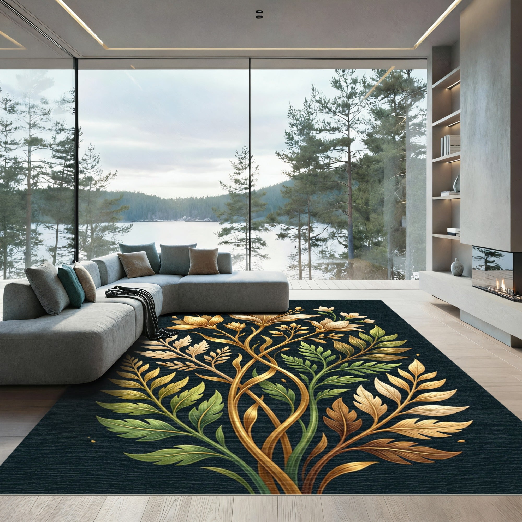 Elegant Golden Floral Botanical Arrangement Rug