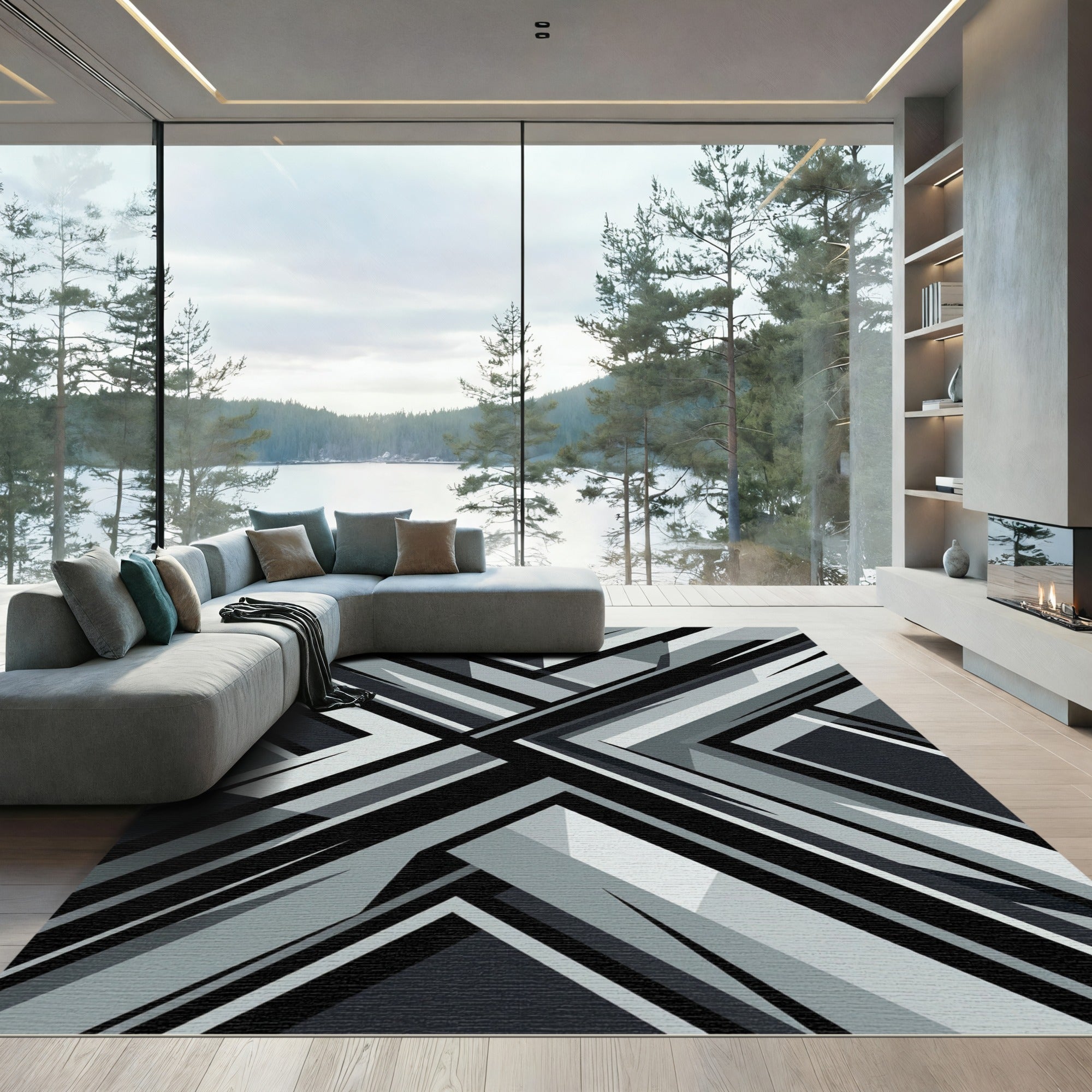 Monochrome Geometric Charcoal Abstract Angular Rug