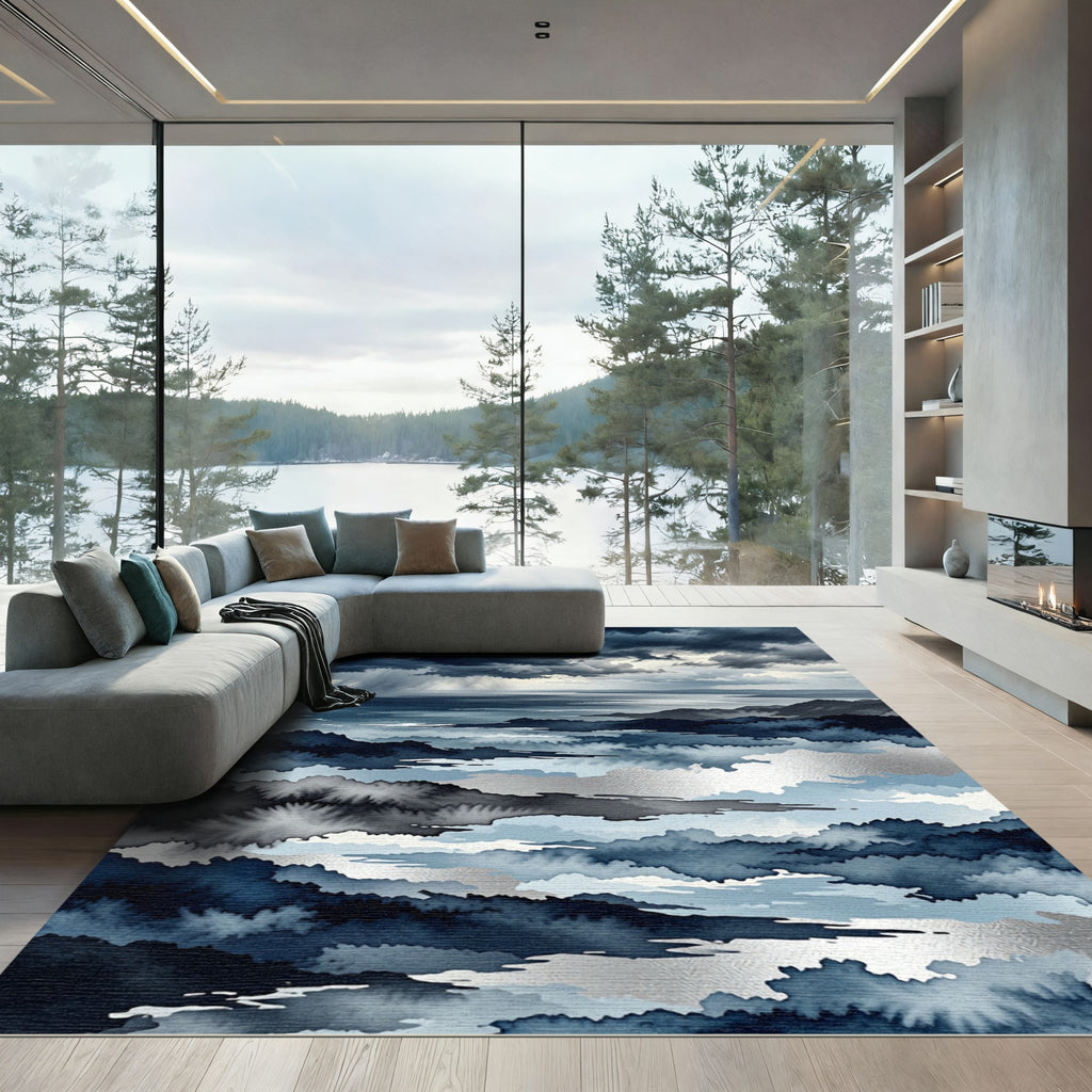 Moody Indigo Stormy Mountain Landscape Rug