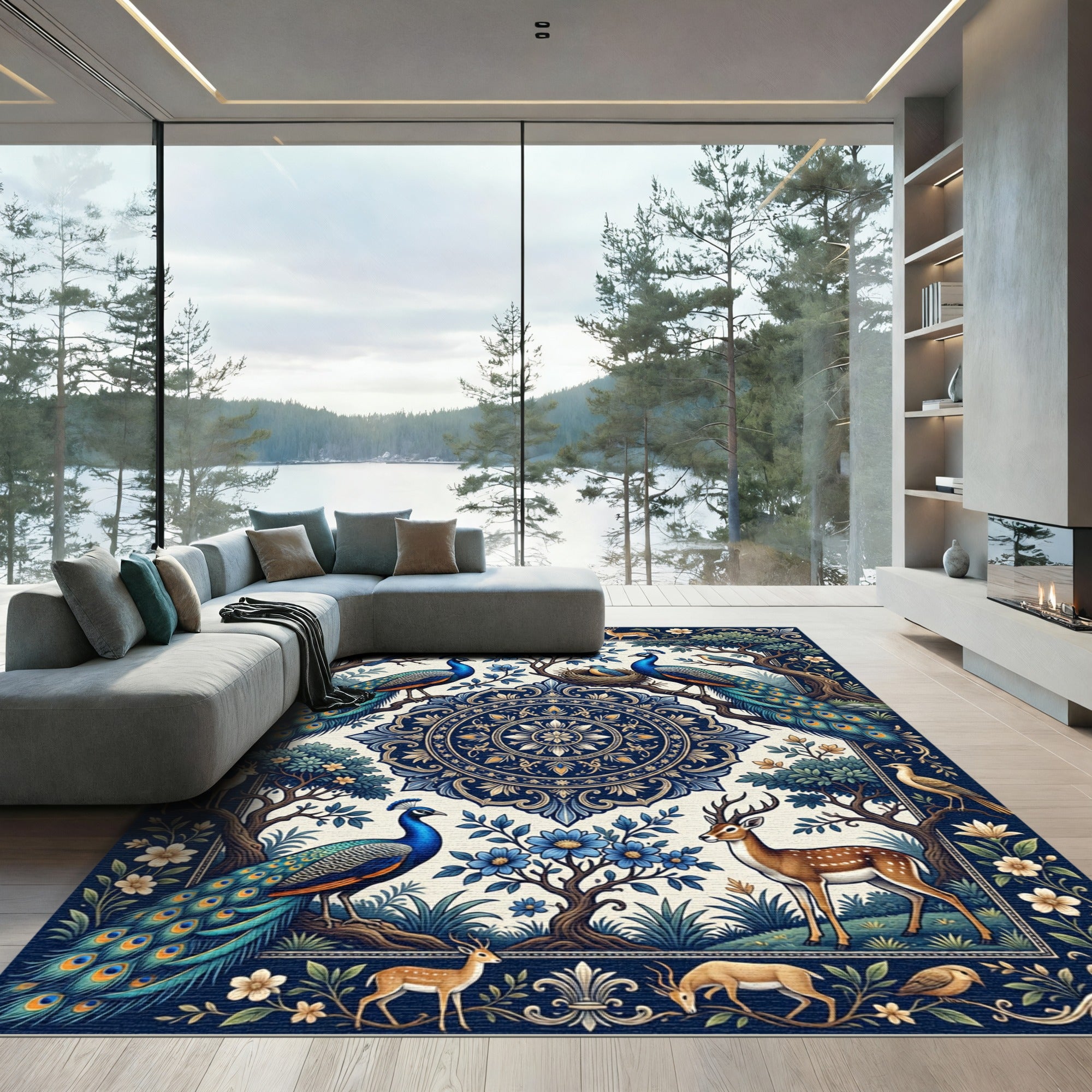 Nature Peacock Deer Floral Landscape Rug