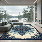 Ornate Blue Filigree Damask Medallion Rug
