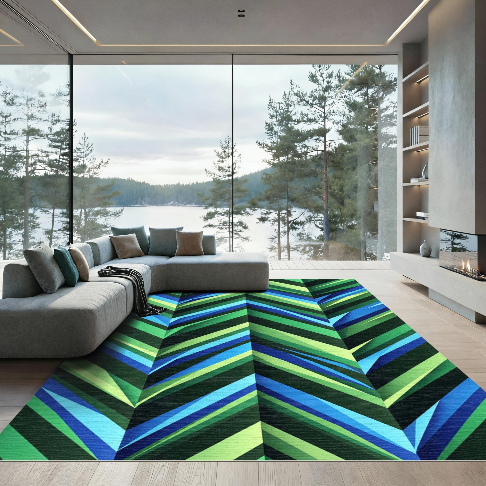 Vibrant Green Blue Chevron Geometric Layer Rug