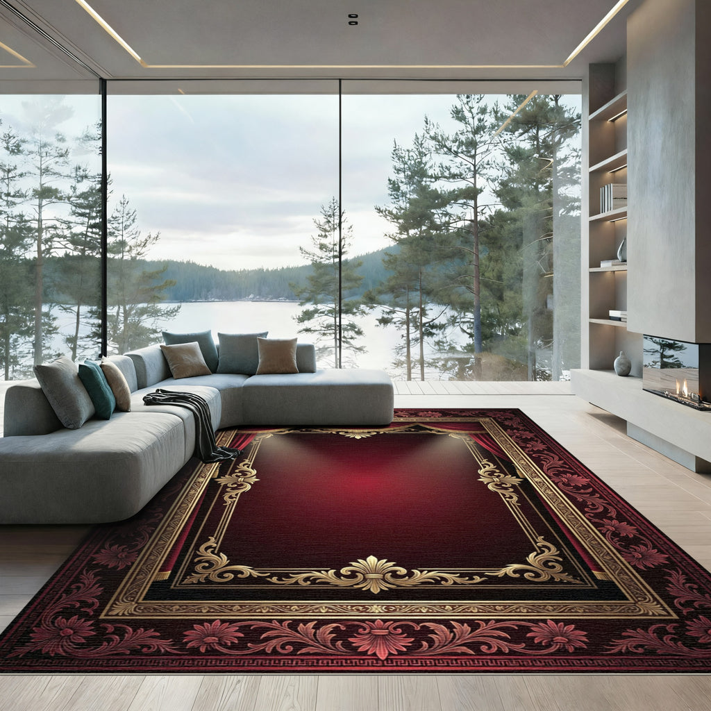 Regal Crimson Gold Ornate Baroque Frame Rug