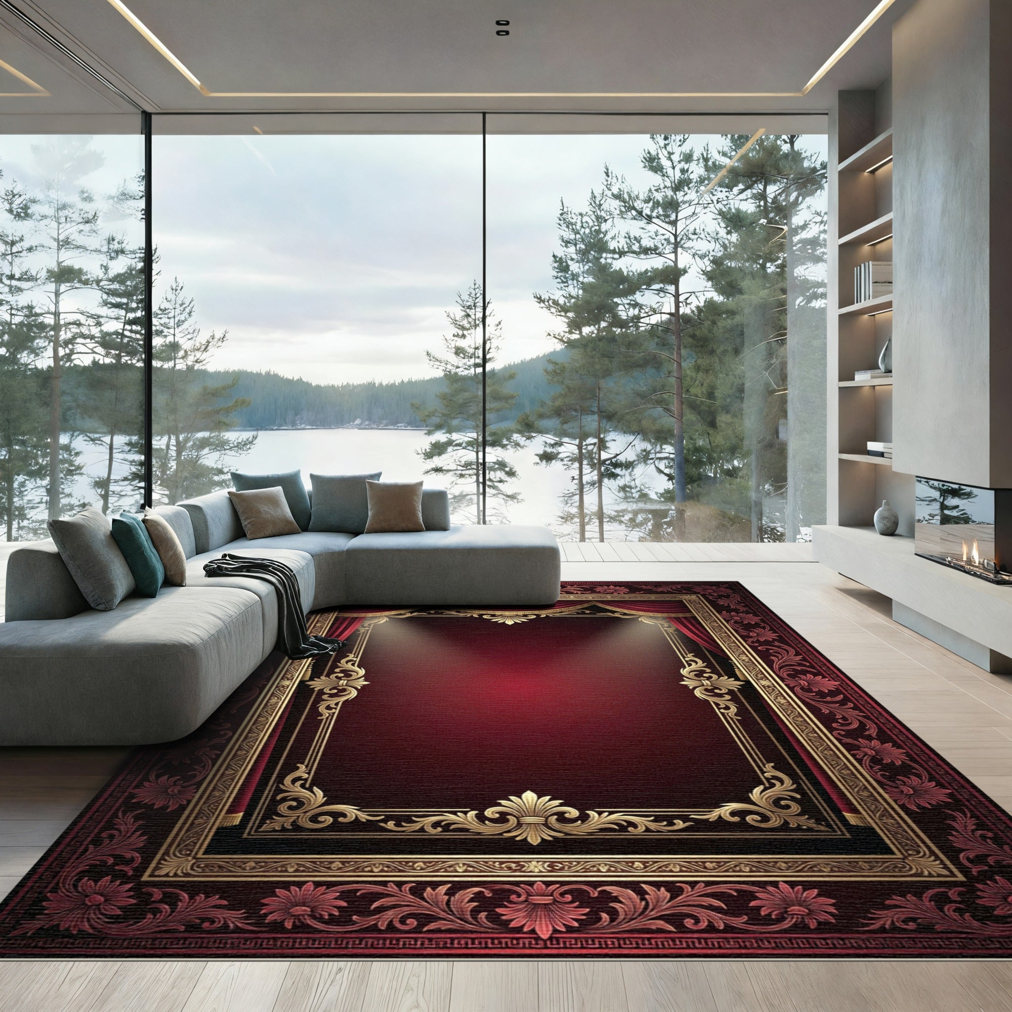 Regal Crimson Gold Ornate Baroque Frame Rug