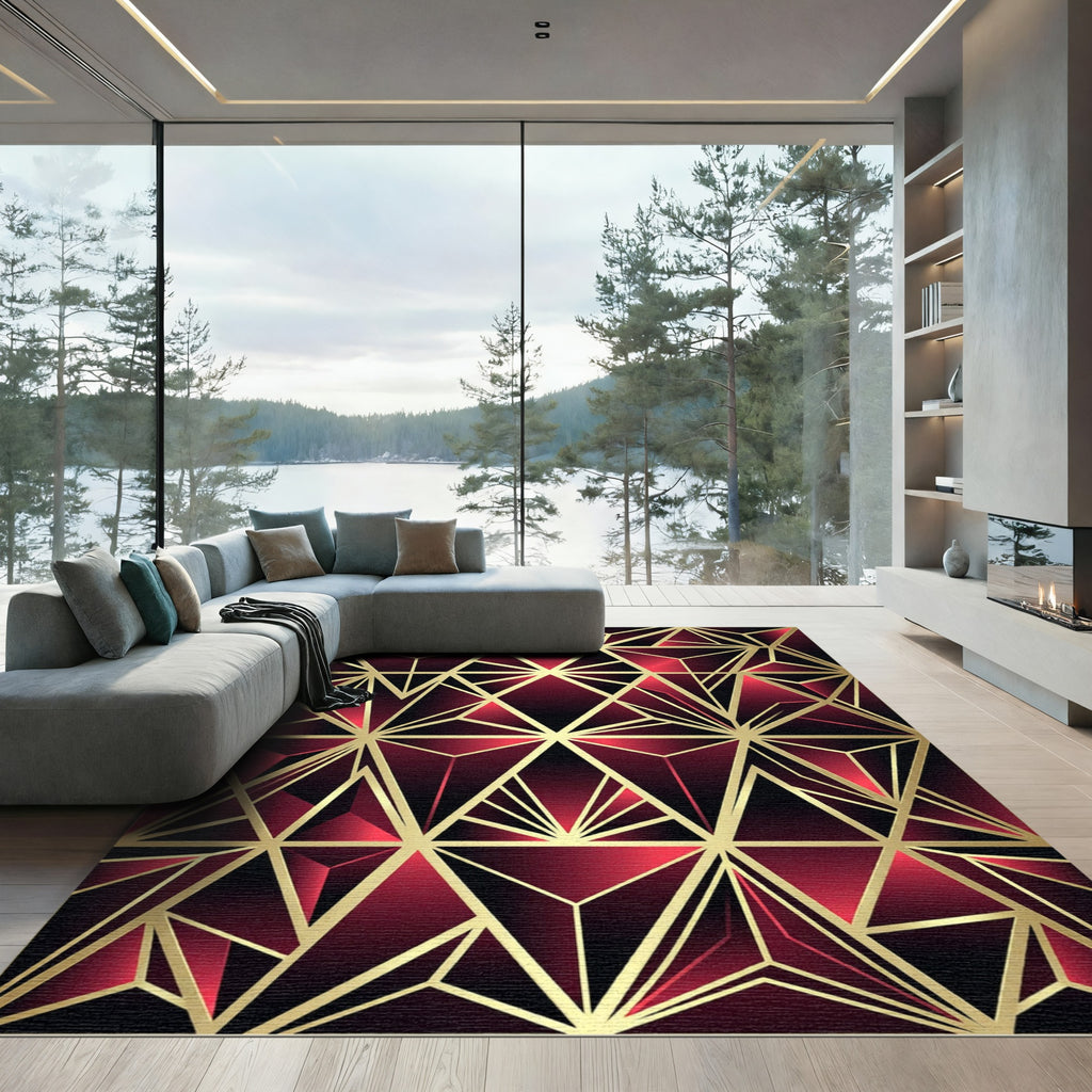 Luxurious Crimson Gold Geometric Facet Rug