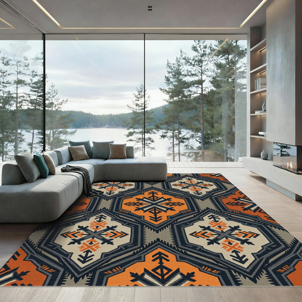 Earthy Orange Gray Geometric Diamond Rug