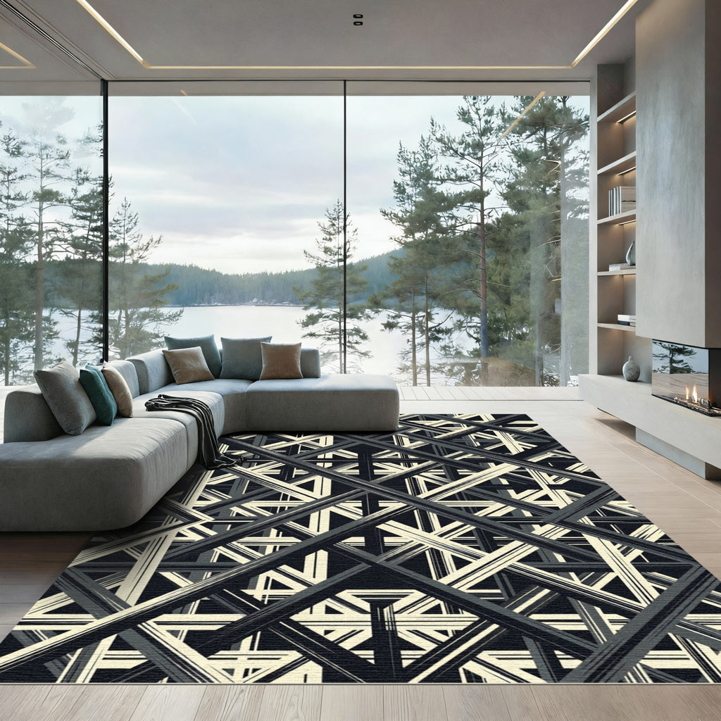 Monochrome Geometric Grid Intersecting Lines Rug