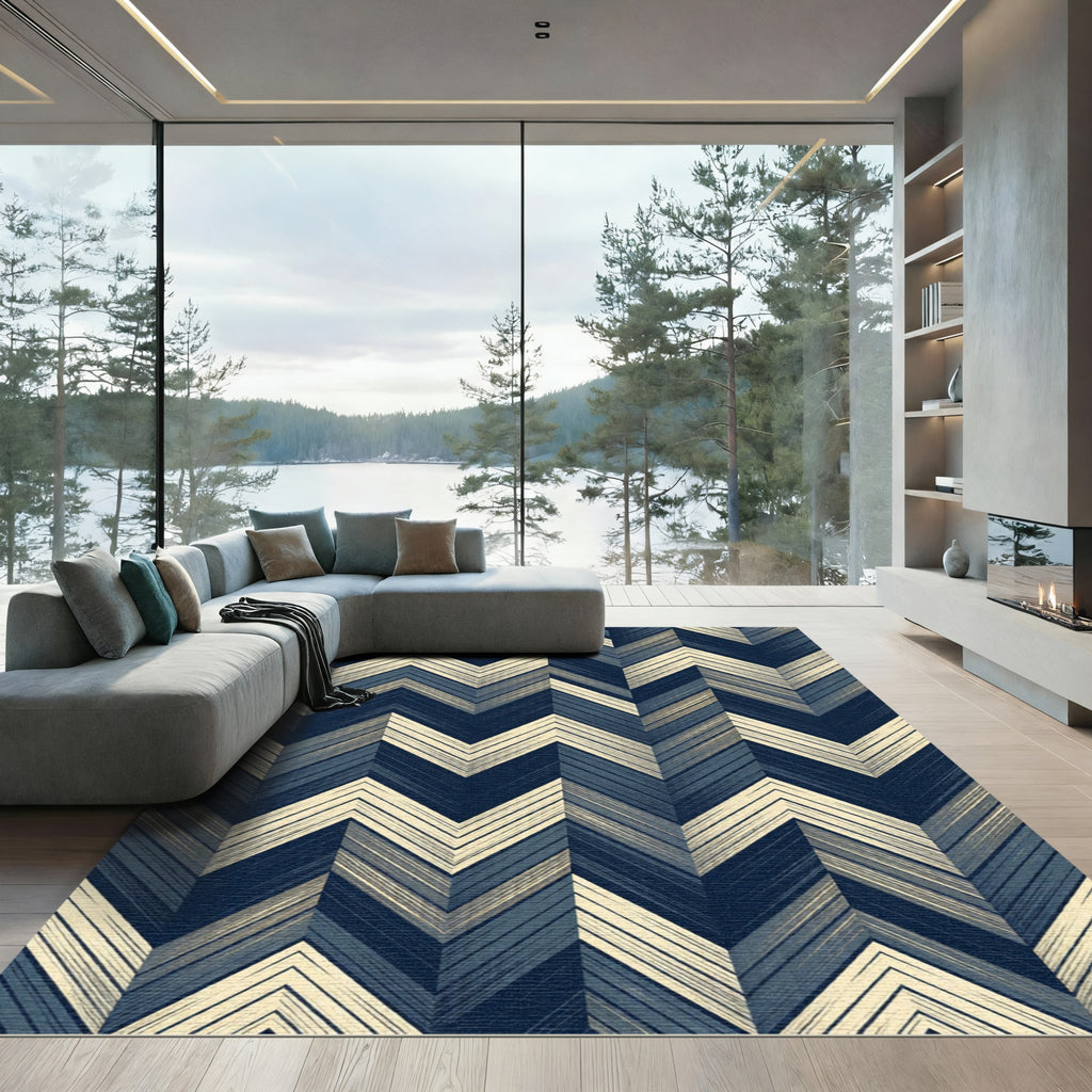 Navy Blue Chevron Herringbone Texture Rug