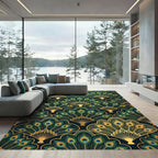Elegant Emerald Peacock Fan Art Deco Rug