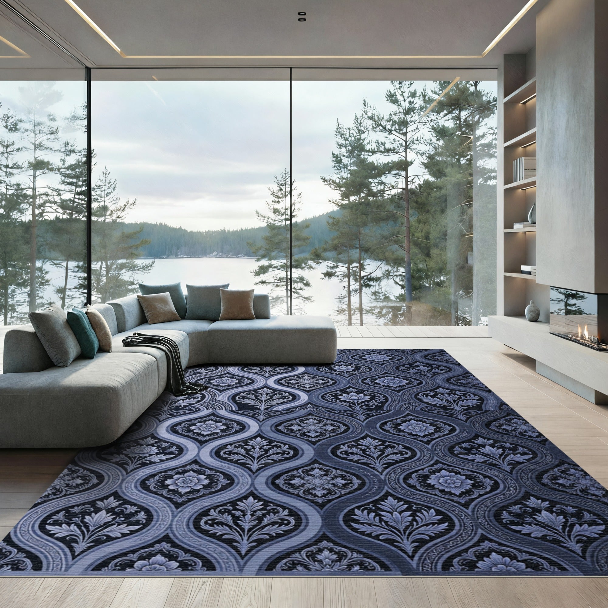 Deep Blue Vintage Floral Damask Rug
