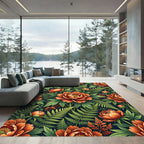 Vibrant Terracotta Peony Fern Botanical Composition Rug