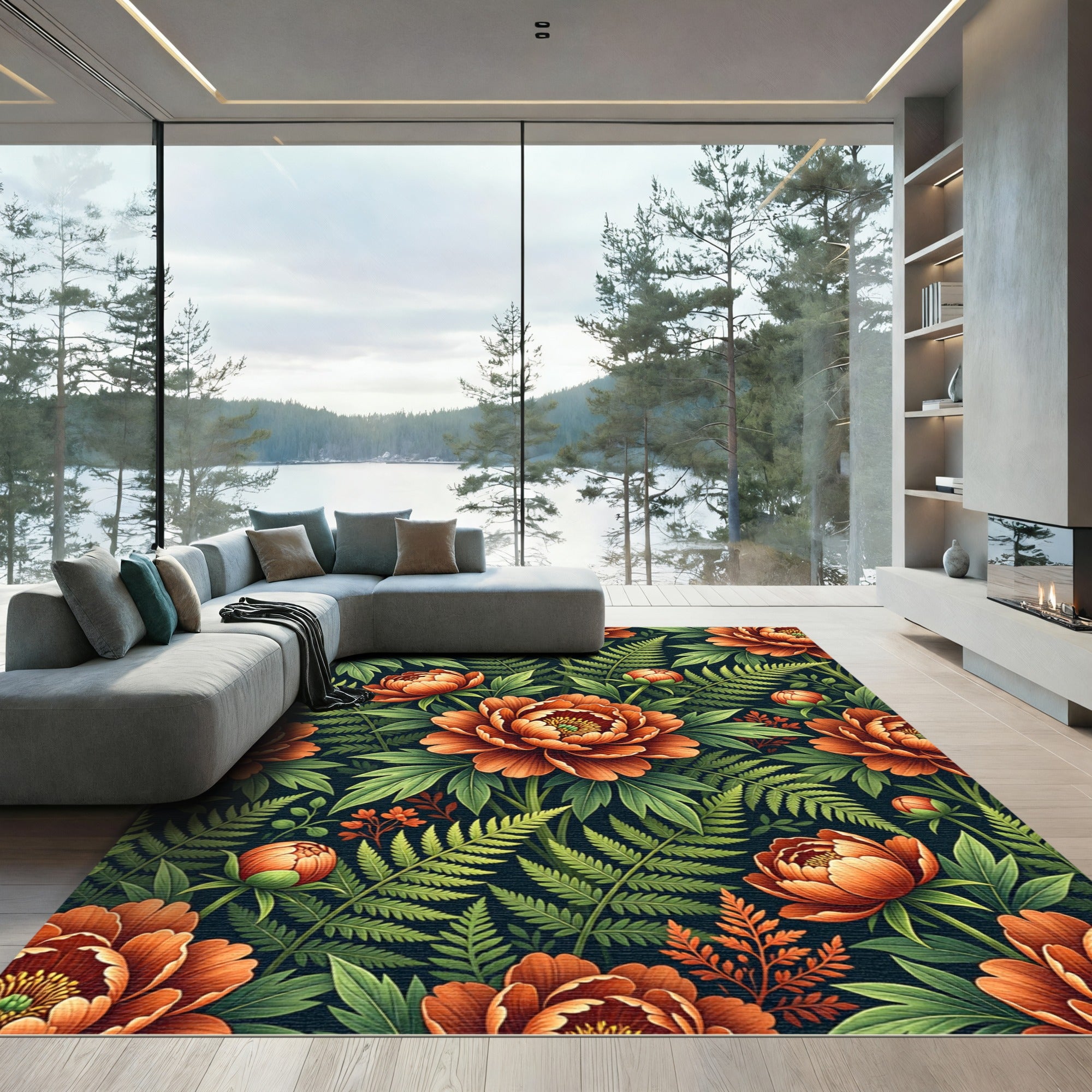 Vibrant Terracotta Peony Fern Botanical Composition Rug