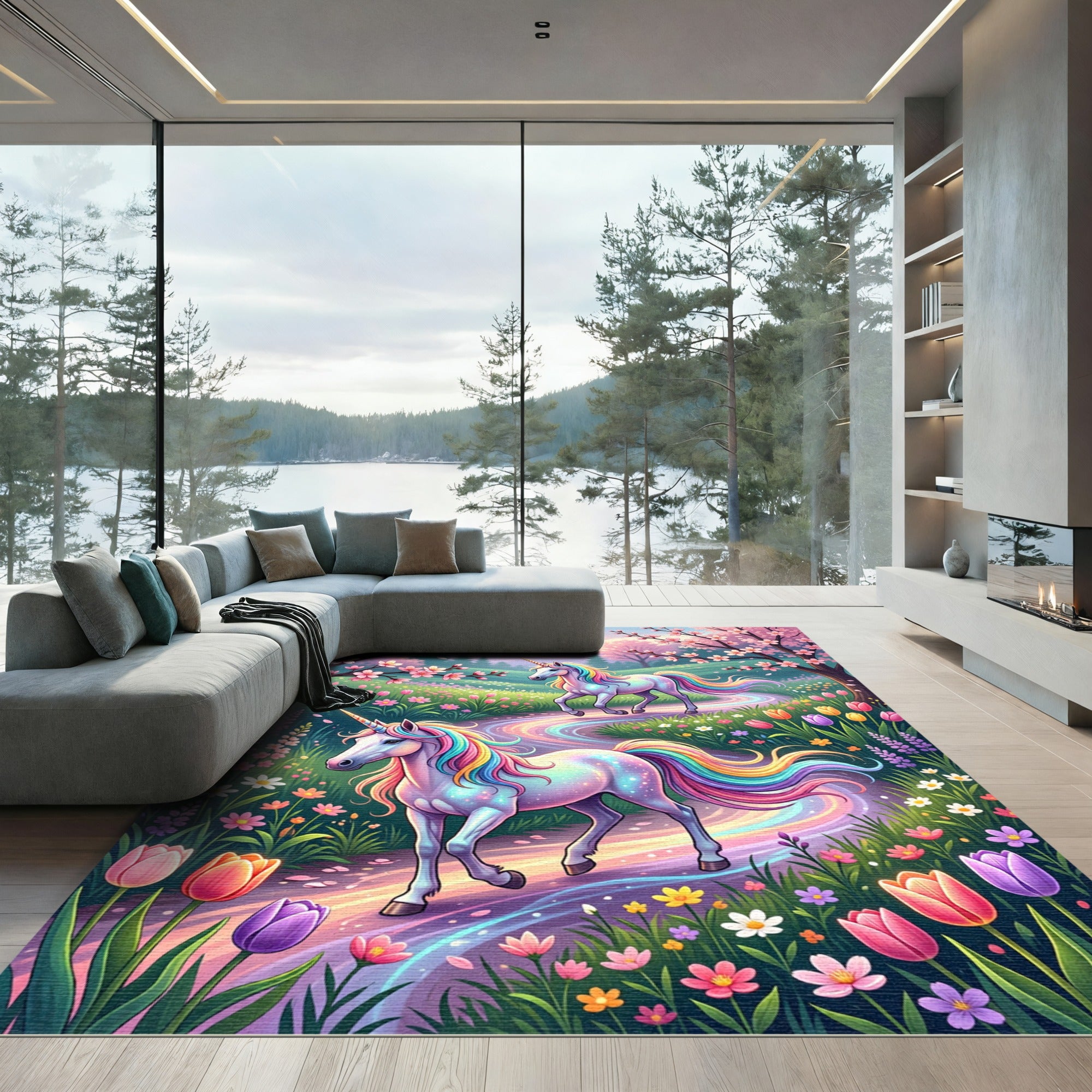 Whimsical Rainbow Unicorn Spring Garden Floral Rug