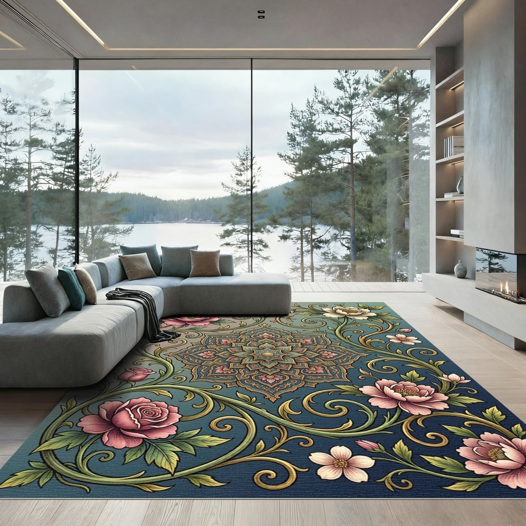 Floral Medallion with Golden Vines Rug