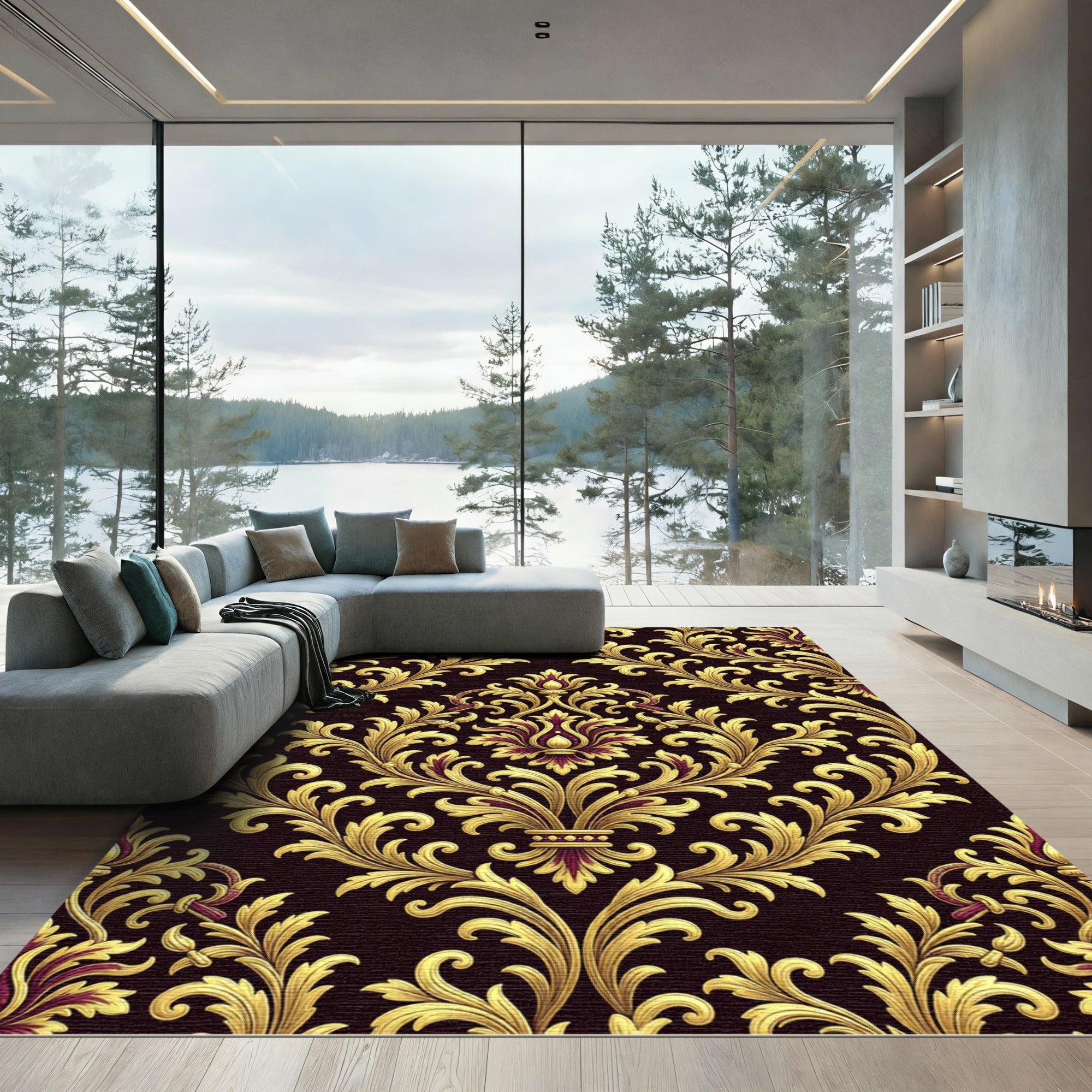 Rich Gold Burgundy Damask Flourish Rug