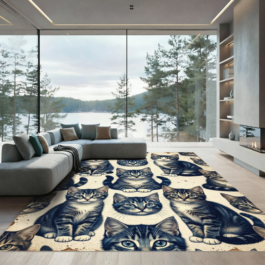Cute Tabby Kitten Repeat Cream Rug