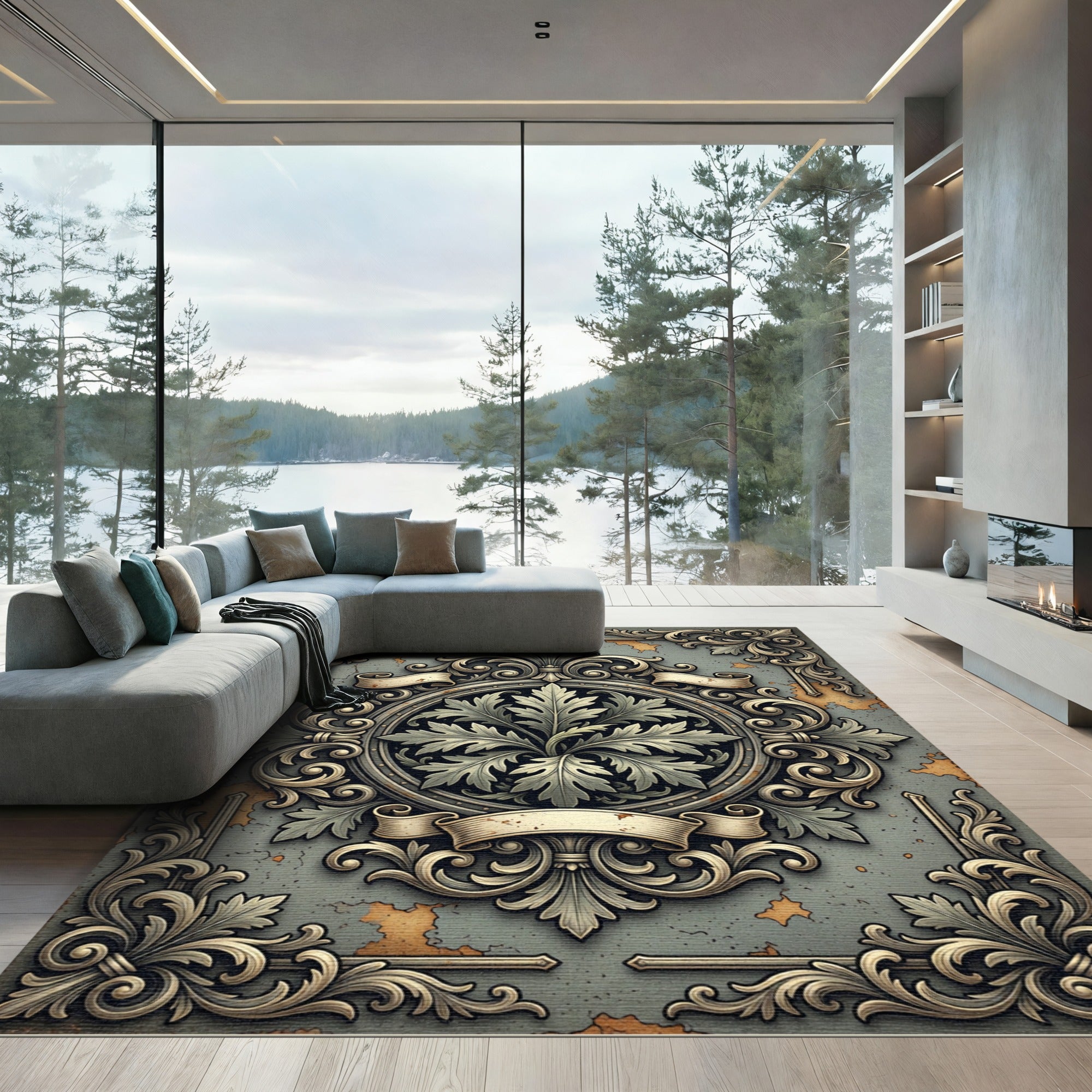 Ornate Scrollwork Acanthus Leaf Emblem Rug