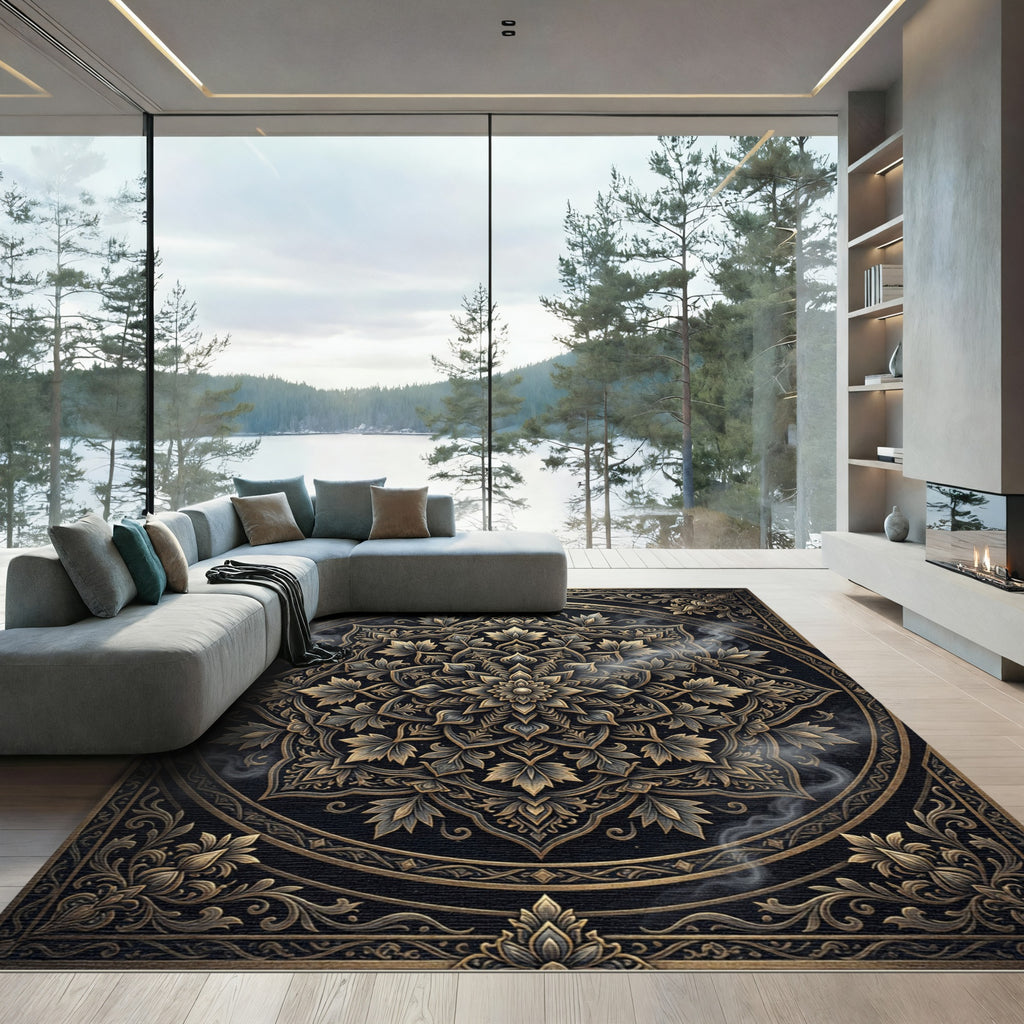 Ornate Gold Black Mandala Floral Rug