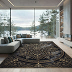 Ornate Gold Black Mandala Floral Rug
