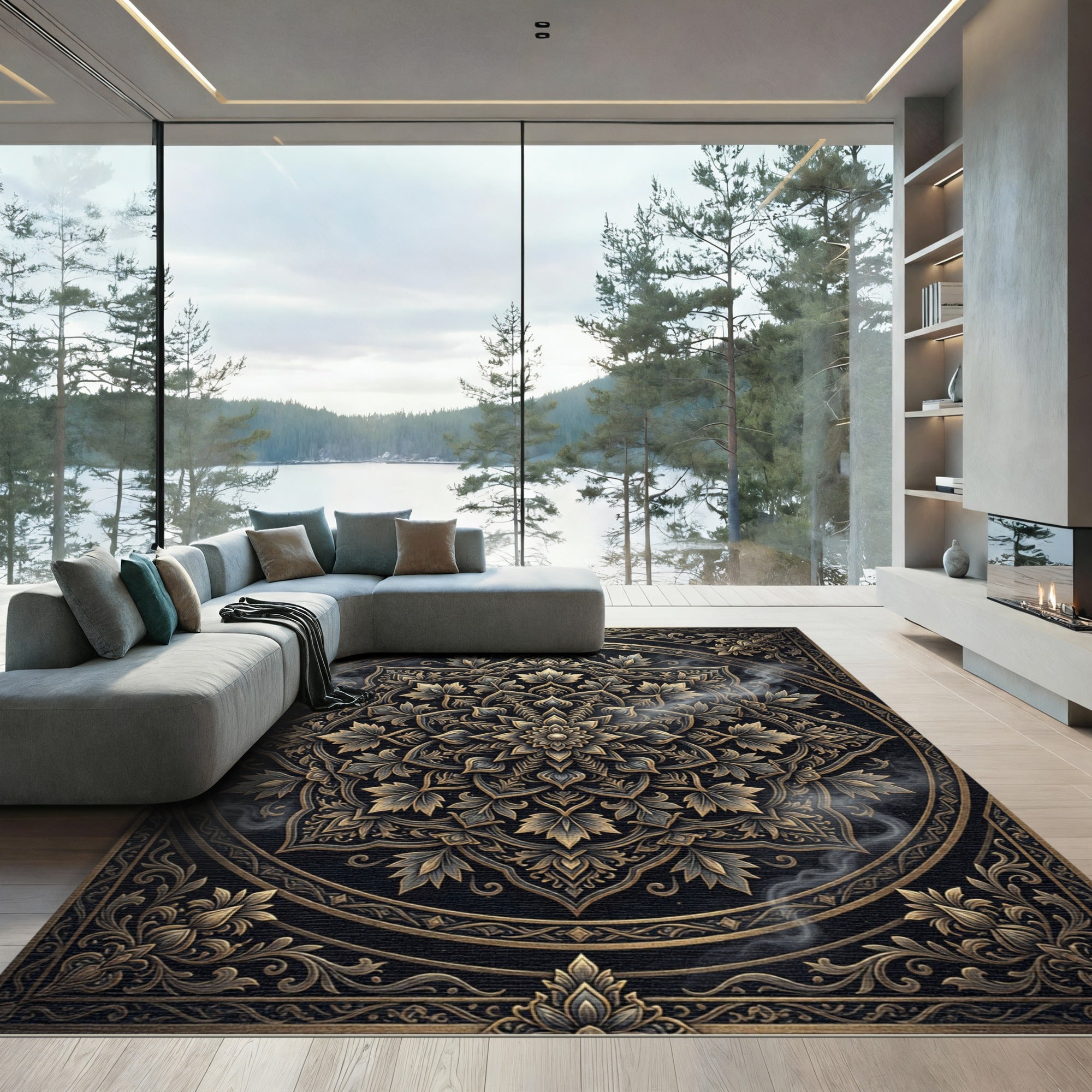 Ornate Gold Black Mandala Floral Rug