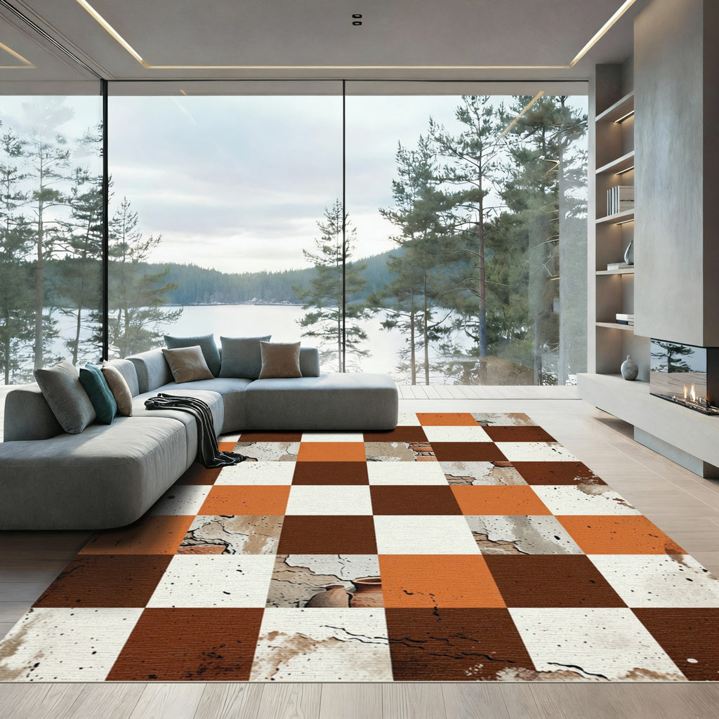 Terracotta White Abstract Checkerboard Rug