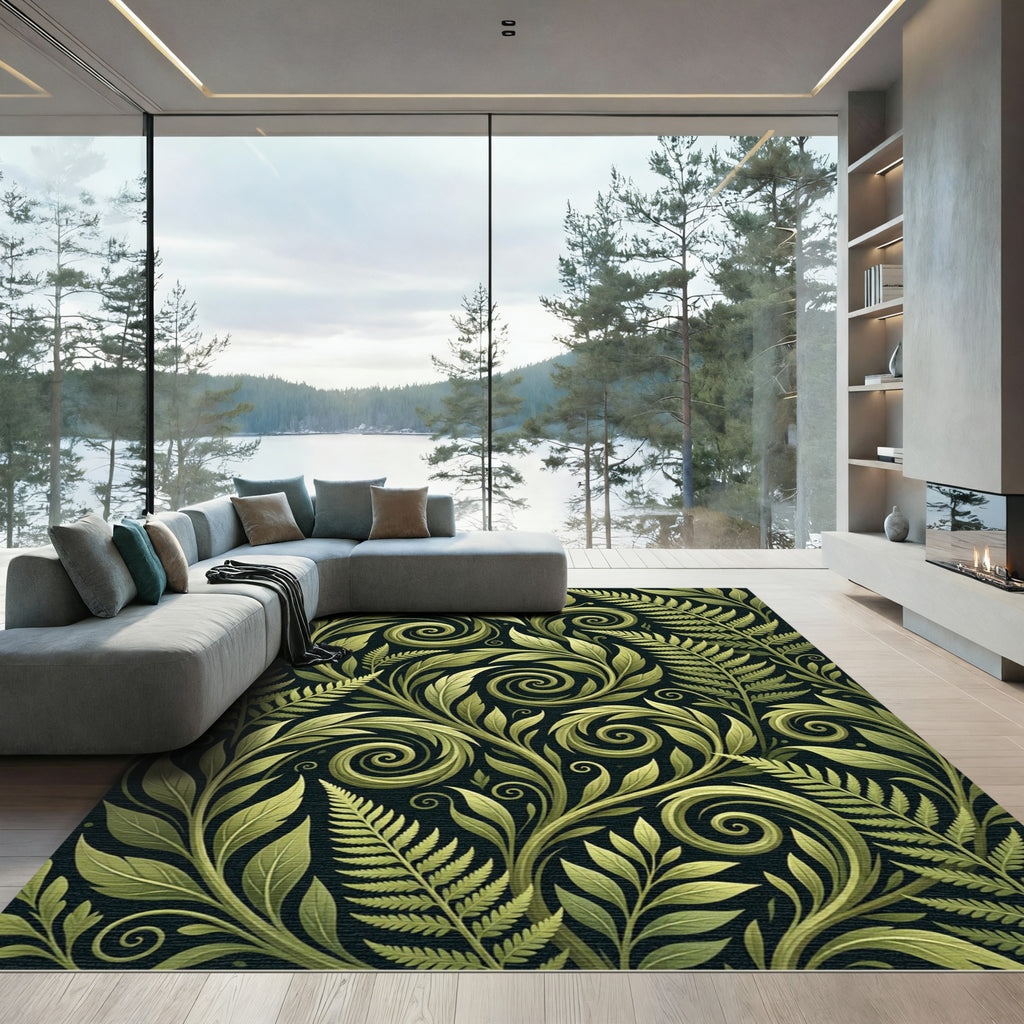 Sage Green Fern Foliage Swirls Rug