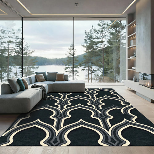 Arched Charcoal and Slate Geometric Overlay Rug