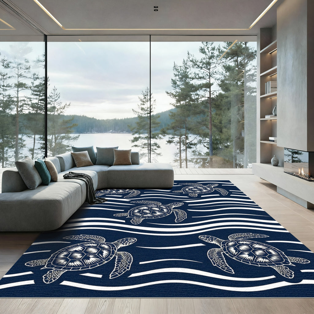 Navy Blue Sea Turtle Wave Graphic Rug