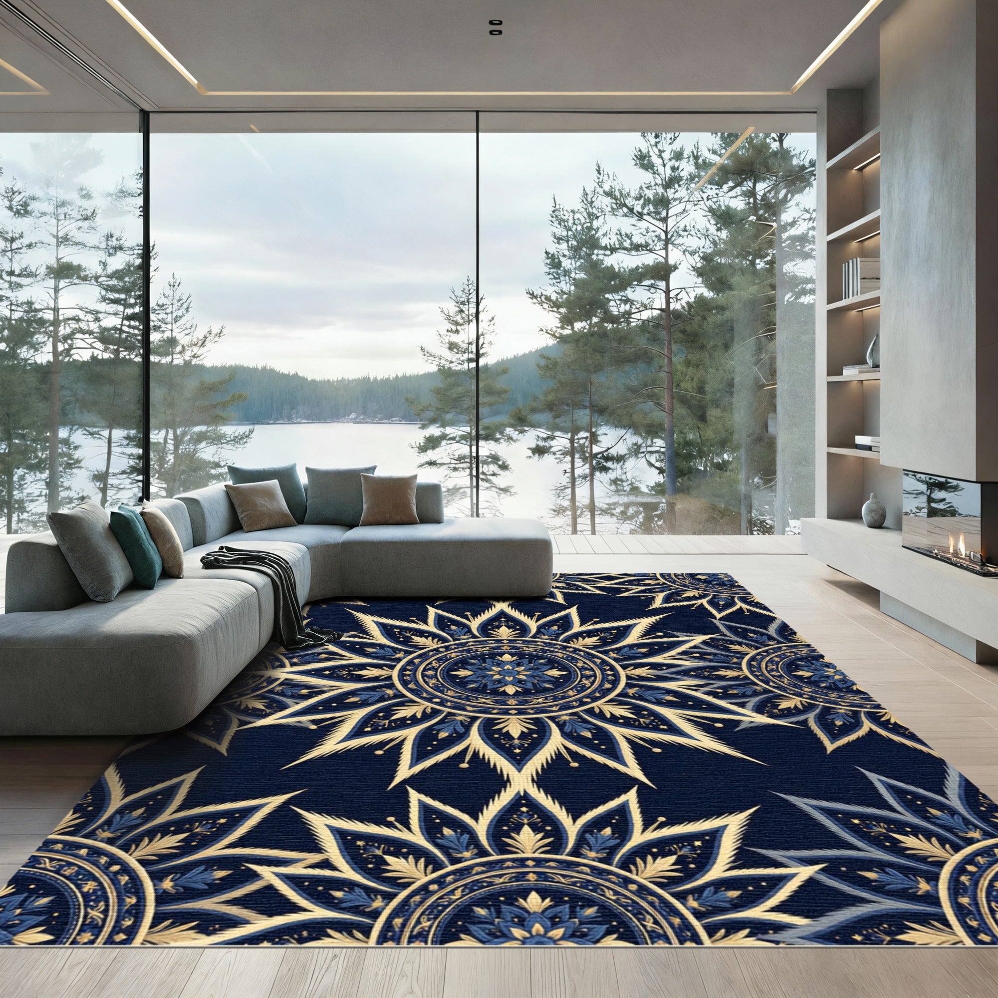 Royal Blue Gold Floral Medallion Rug