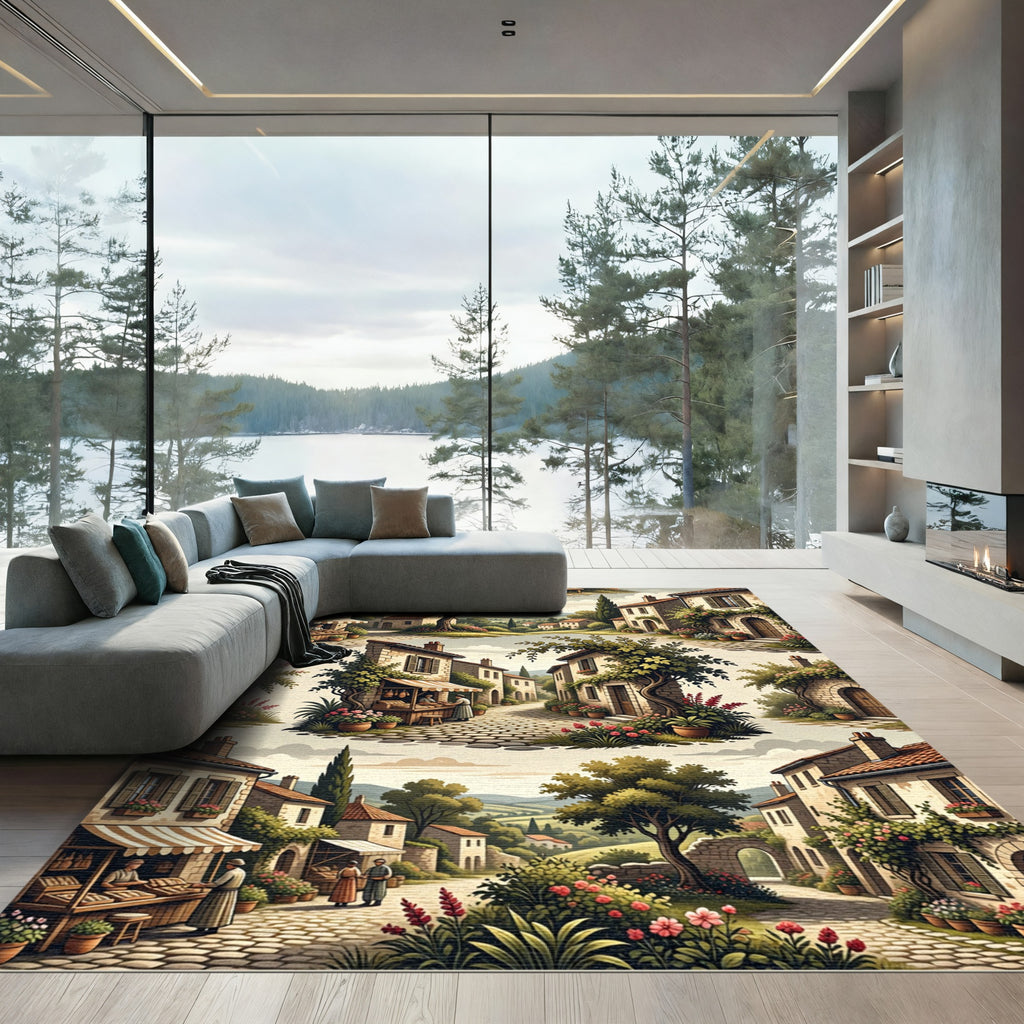 Tuscan Village Scene Floral Arch Rug