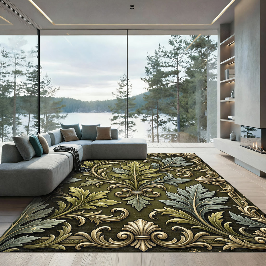 Ornate Forest Green Acanthus Leaf Damask Rug