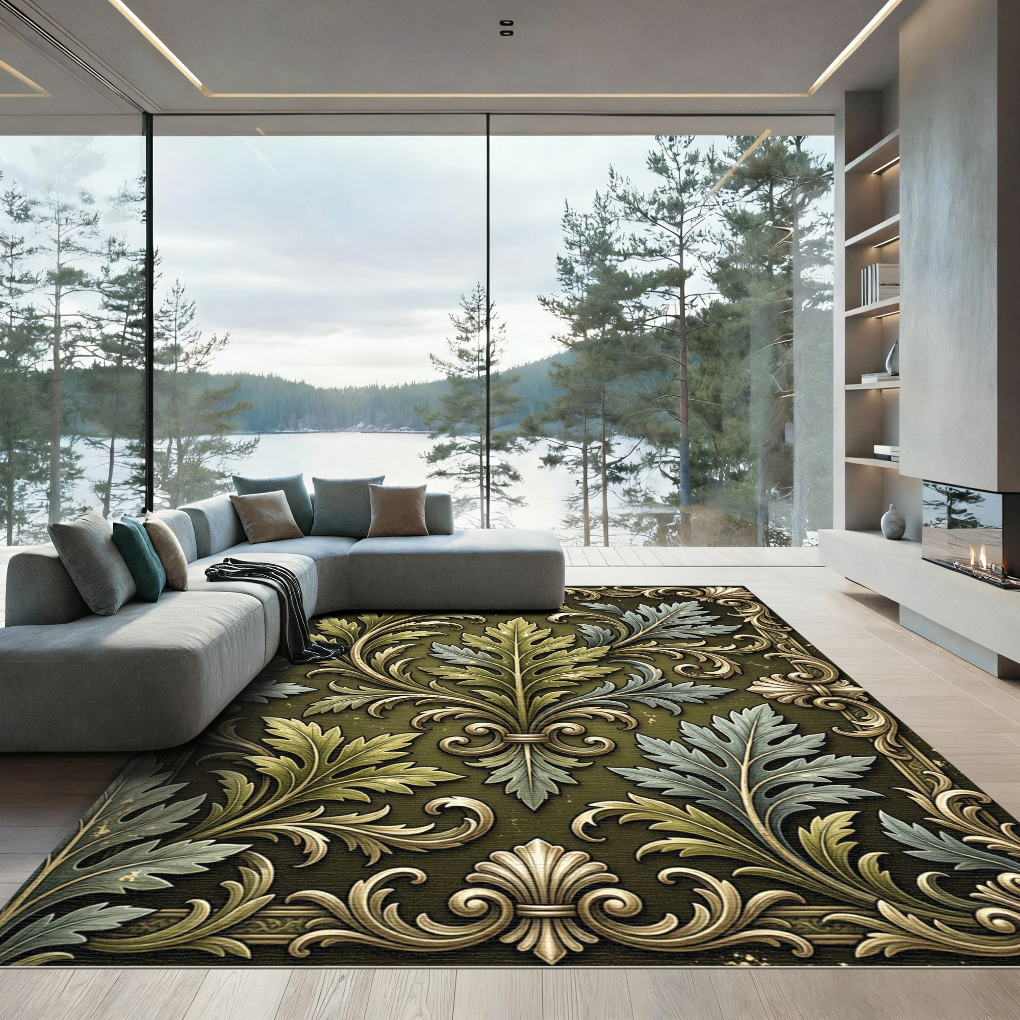 Ornate Forest Green Acanthus Leaf Damask Rug