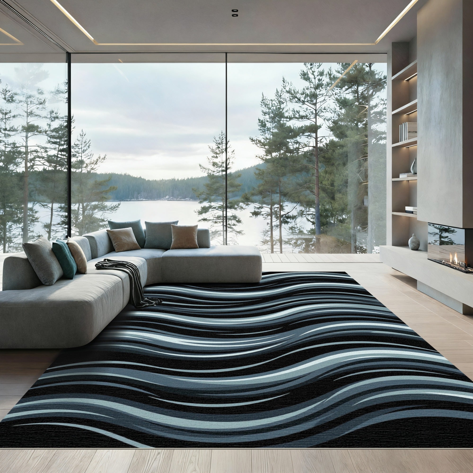 Dark Gray Wavy Stripe Abstract Rug