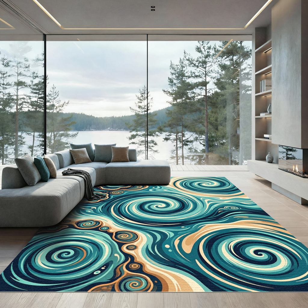 Abstract Teal And Tan Swirling Currents Rug