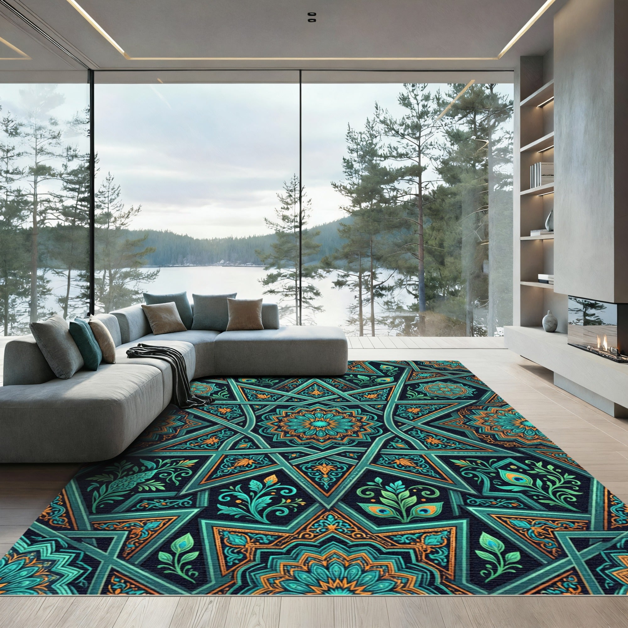 Teal and Gold Starry Mandala Rug