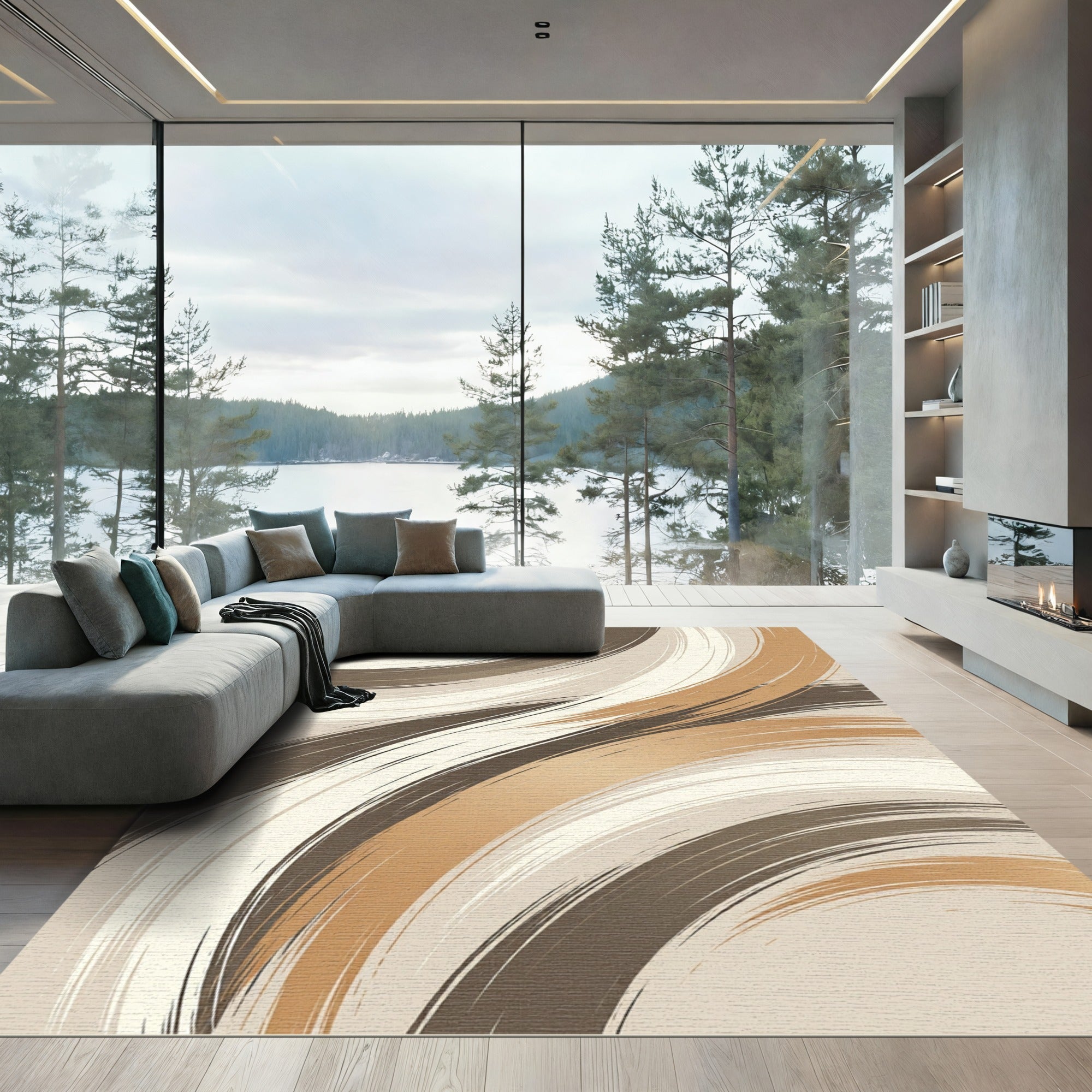 Neutral Swirl Brushstroke Symmetrical Rug