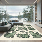 Whimsical Olive Green Tabby Cat Illustration Rug