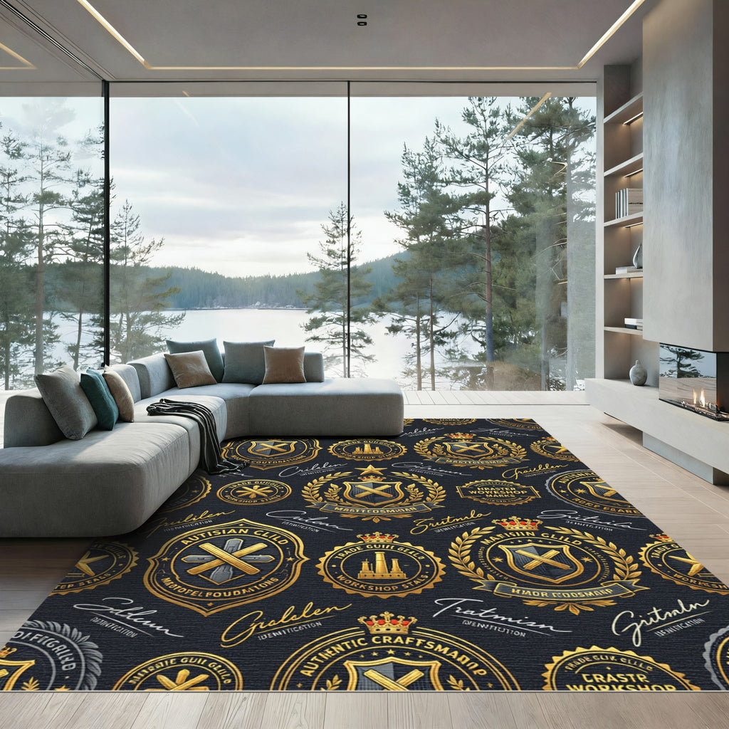 Gold Crest Heraldic Emblem Navy Wallpaper Rug